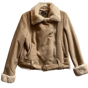 Sz.8-Topshop Beige Faux Suede & Fur lined belted Biker aviator Moto Jacket